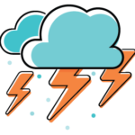 Icon with teal storm clouds and orange lightning bolts - Extreme Weather Protection for Electronic Devices
